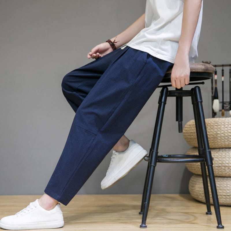 Pantalon décontracté en coton et lin avec cordon de serrage et poches pour homme, coupe fuselée, couleur pure, motif Buddha Stones - image 10