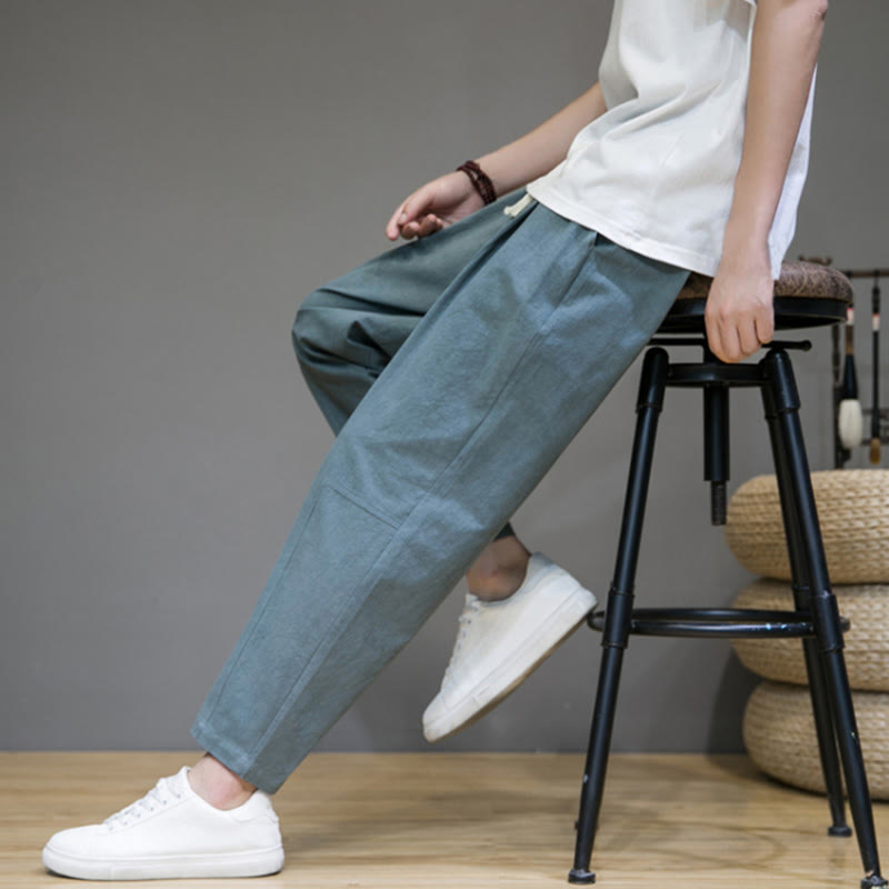 Pantalon décontracté en coton et lin avec cordon de serrage et poches pour homme, coupe fuselée, couleur pure, motif Buddha Stones - image 3