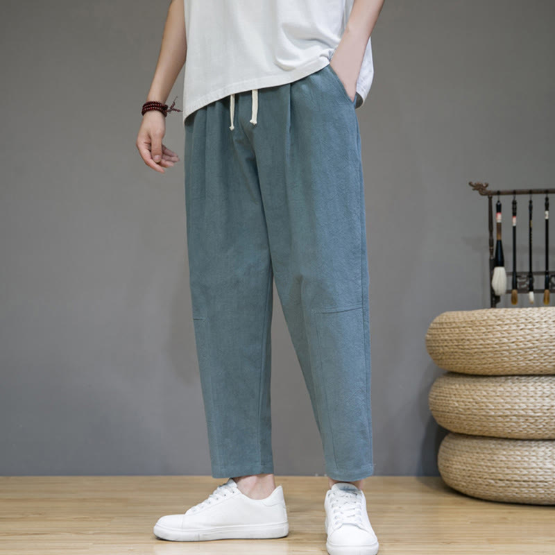 Pantalon décontracté en coton et lin avec cordon de serrage et poches pour homme, coupe fuselée, couleur pure, motif Buddha Stones - Vert clair - US/UK/AU46，EU56 (5XL) - image 1