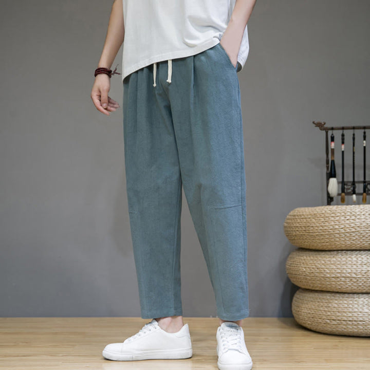 Pantalon décontracté en coton et lin avec cordon de serrage et poches pour homme, coupe fuselée, couleur pure, motif Buddha Stones - Vert clair - US/UK/AU46，EU56 (5XL) - image 1
