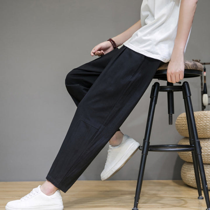 Pantalon décontracté en coton et lin avec cordon de serrage et poches pour homme, coupe fuselée, couleur pure, motif Buddha Stones - image 6