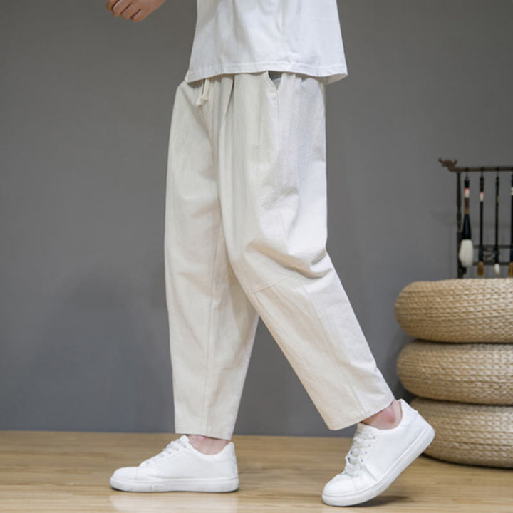 Pantalon décontracté en coton et lin avec cordon de serrage et poches pour homme, coupe fuselée, couleur pure, motif Buddha Stones - image 16