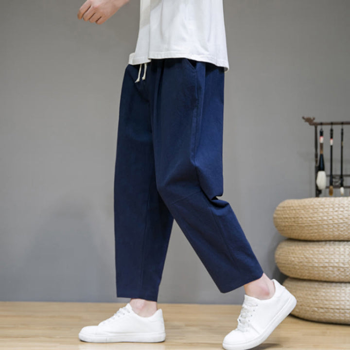 Pantalon décontracté en coton et lin avec cordon de serrage et poches pour homme, coupe fuselée, couleur pure, motif Buddha Stones - image 9