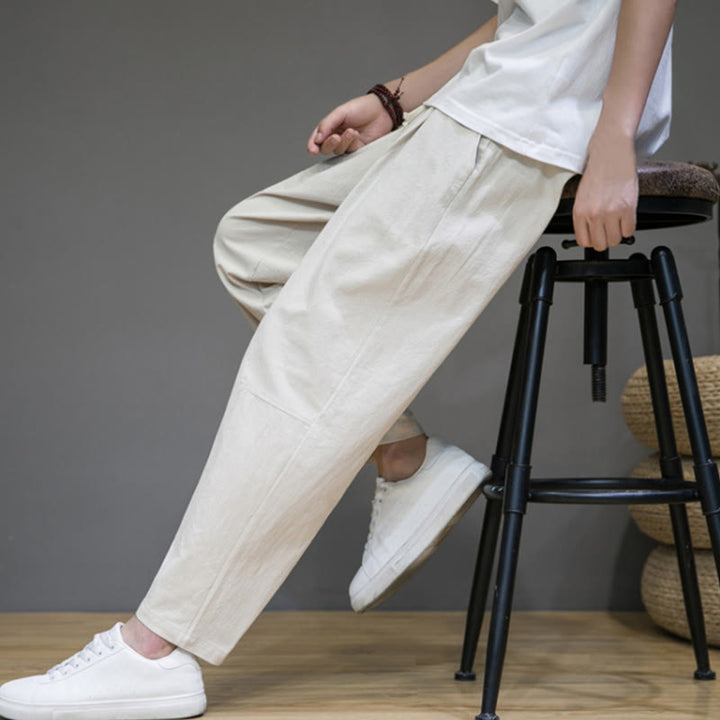 Pantalon décontracté en coton et lin avec cordon de serrage et poches pour homme, coupe fuselée, couleur pure, motif Buddha Stones - image 18
