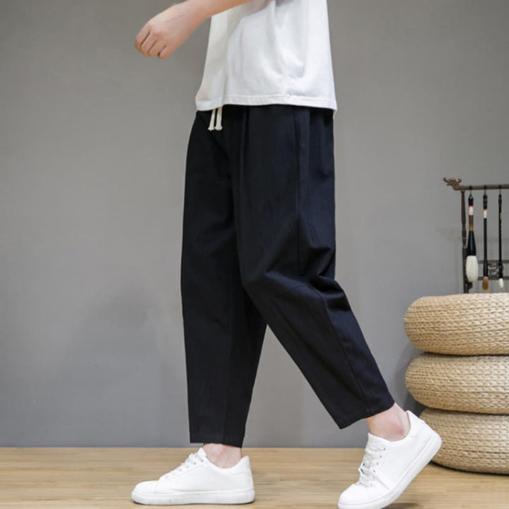 Pantalon décontracté en coton et lin avec cordon de serrage et poches pour homme, coupe fuselée, couleur pure, motif Buddha Stones - image 5