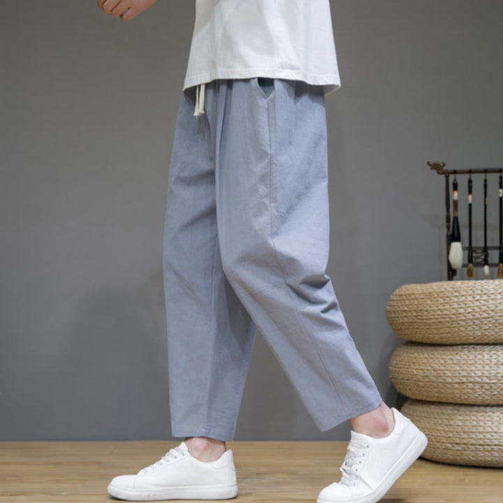 Pantalon décontracté en coton et lin avec cordon de serrage et poches pour homme, coupe fuselée, couleur pure, motif Buddha Stones - image 20