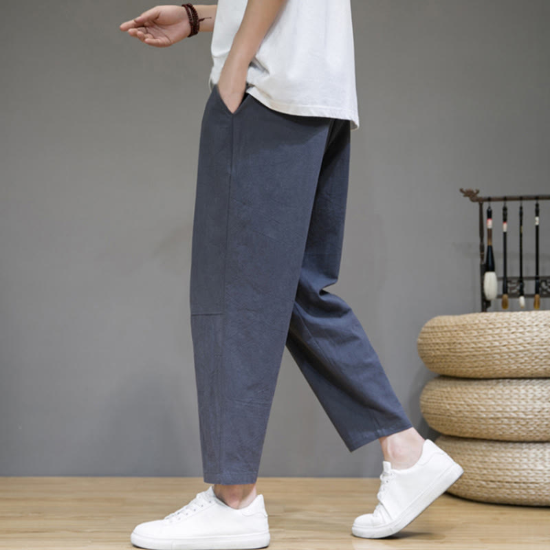 Pantalon décontracté en coton et lin avec cordon de serrage et poches pour homme, coupe fuselée, couleur pure, motif Buddha Stones - Gris ardoise - US/UK/AU46，EU56 (5XL) - image 11