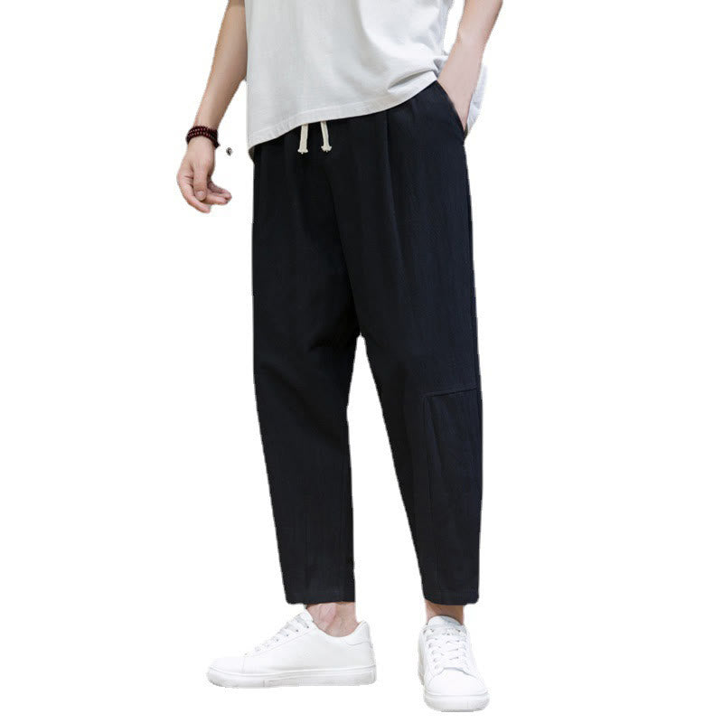 Pantalon décontracté en coton et lin avec cordon de serrage et poches pour homme, coupe fuselée, couleur pure, motif Buddha Stones - image 7