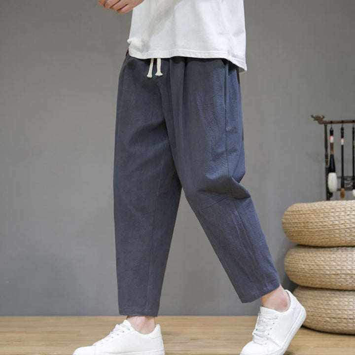 Pantalon décontracté en coton et lin avec cordon de serrage et poches pour homme, coupe fuselée, couleur pure, motif Buddha Stones - image 13