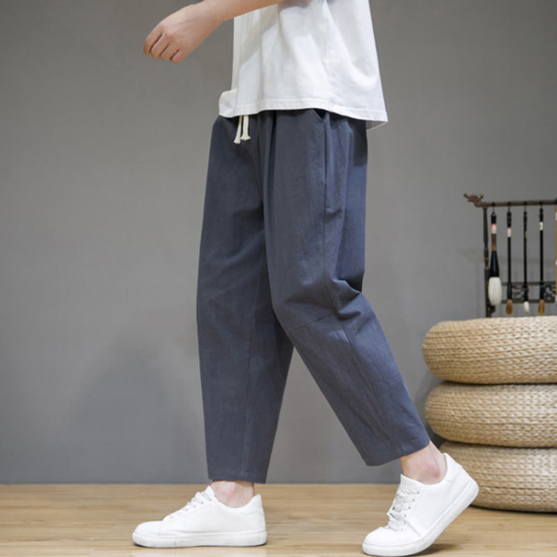 Pantalon décontracté en coton et lin avec cordon de serrage et poches pour homme, coupe fuselée, couleur pure, motif Buddha Stones - image 12