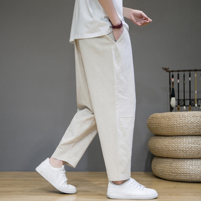 Pantalon décontracté en coton et lin avec cordon de serrage et poches pour homme, coupe fuselée, couleur pure, motif Buddha Stones - image 17