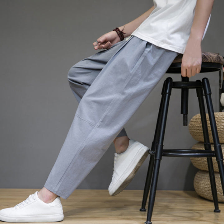 Pantalon décontracté en coton et lin avec cordon de serrage et poches pour homme, coupe fuselée, couleur pure, motif Buddha Stones - image 21