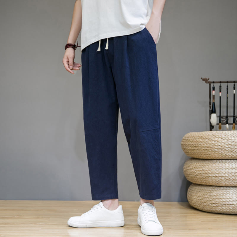 Pantalon décontracté en coton et lin avec cordon de serrage et poches pour homme, coupe fuselée, couleur pure, motif Buddha Stones - Bleu nuit - US/UK/AU46，EU56 (5XL) - image 8