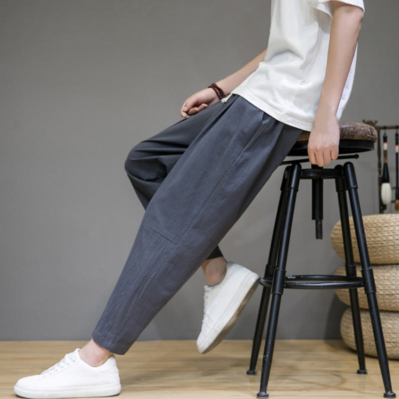 Pantalon décontracté en coton et lin avec cordon de serrage et poches pour homme, coupe fuselée, couleur pure, motif Buddha Stones - image 14