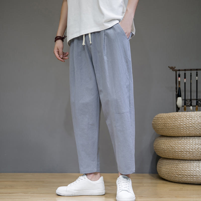 Pantalon décontracté en coton et lin avec cordon de serrage et poches pour homme, coupe fuselée, couleur pure, motif Buddha Stones - Bleu acier clair - US/UK/AU46，EU56 (5XL) - image 19