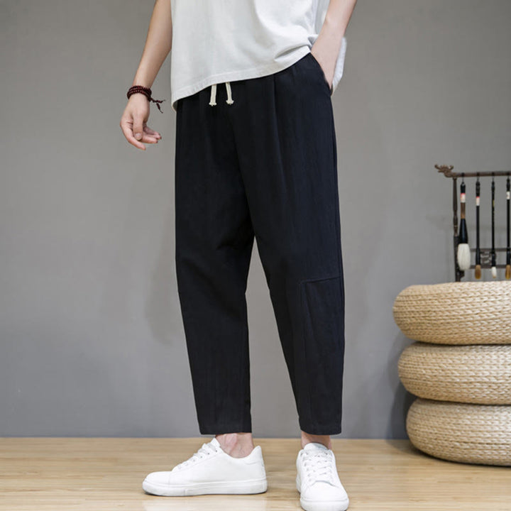 Pantalon décontracté en coton et lin avec cordon de serrage et poches pour homme, coupe fuselée, couleur pure, motif Buddha Stones - Noir - US/UK/AU46，EU56 (5XL) - image 4