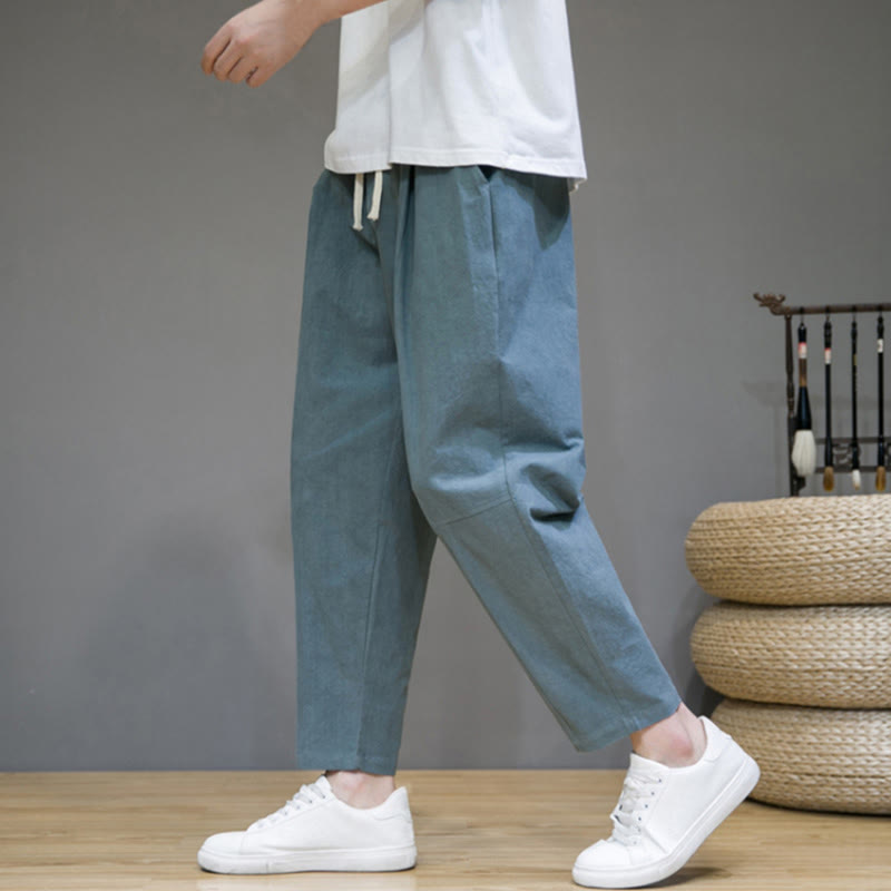 Pantalon décontracté en coton et lin avec cordon de serrage et poches pour homme, coupe fuselée, couleur pure, motif Buddha Stones - image 2