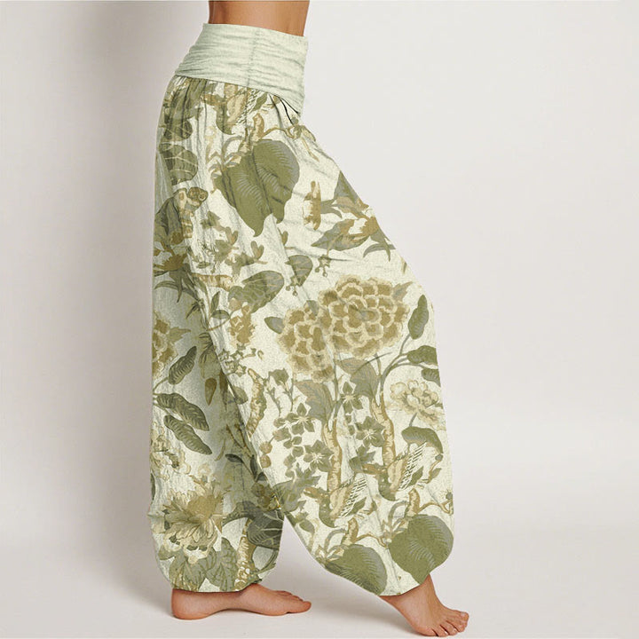Pantalon Buddha Stones taille élastique pour femme en pur coton avec motif feuilles de lotus et pivoines - image 10