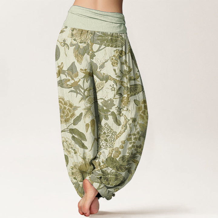 Pantalon Buddha Stones taille élastique pour femme en pur coton avec motif feuilles de lotus et pivoines - image 10