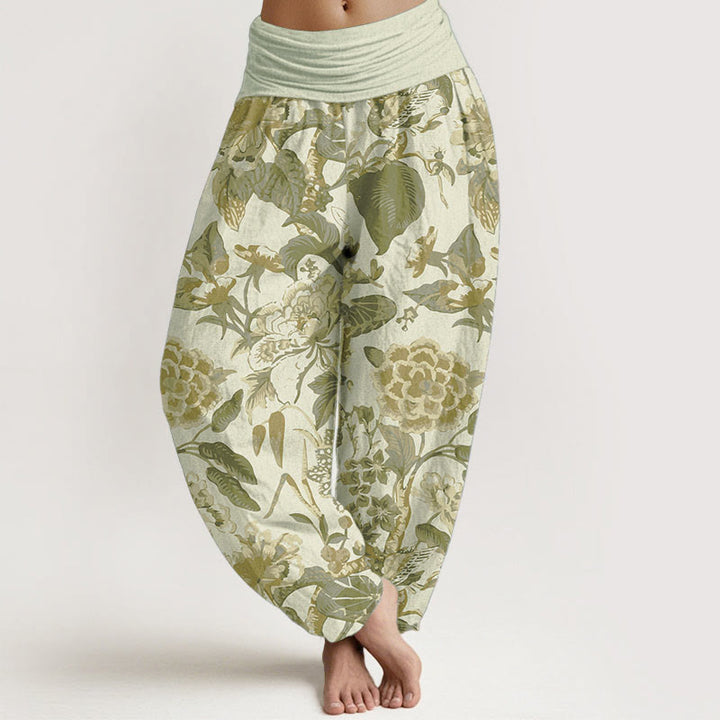 Pantalon Buddha Stones taille élastique pour femme en pur coton avec motif feuilles de lotus et pivoines - Beige - US22，UK/AU26，EU54 (6XL) - image 9