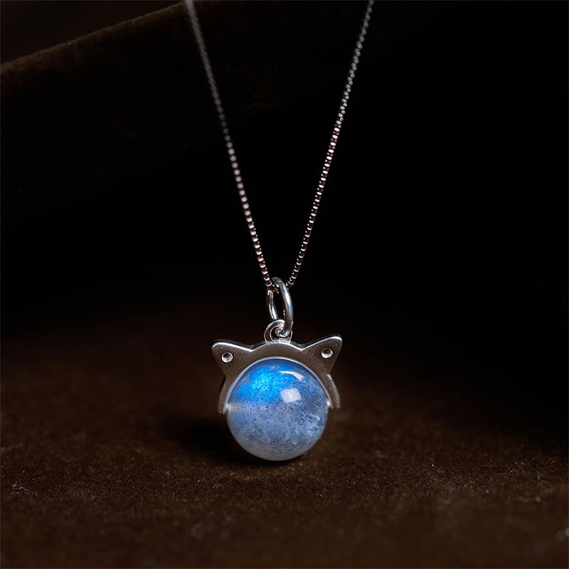 Buddha Stones pendentif de guérison en argent sterling 925 avec pierre de lune et chat - Chaîne 10 mm + 0,8 mm - image 0