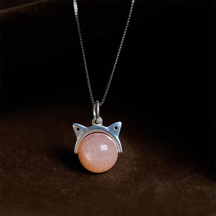 Buddha Stones pendentif de guérison en argent sterling 925 avec pierre de lune orange naturelle et chat - Chaîne 10 mm + 0,8 mm - image 0