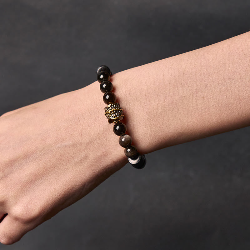 Bracelet de protection en obsidienne et ébène avec Buddha Stones et reflets argentés - image 4