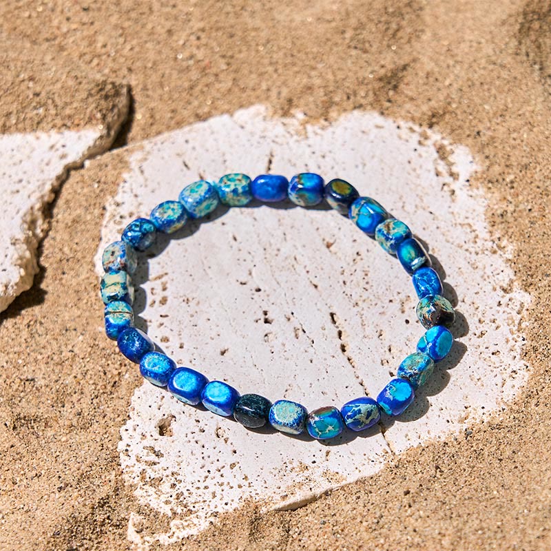 Bracelet anti-stress en Buddha Stones , perles carrées ovales naturelles colorées en pierre de l'empereur - Pierre de l'Empereur bleu foncé (tour de poignet : 15-17 cm) - image 6