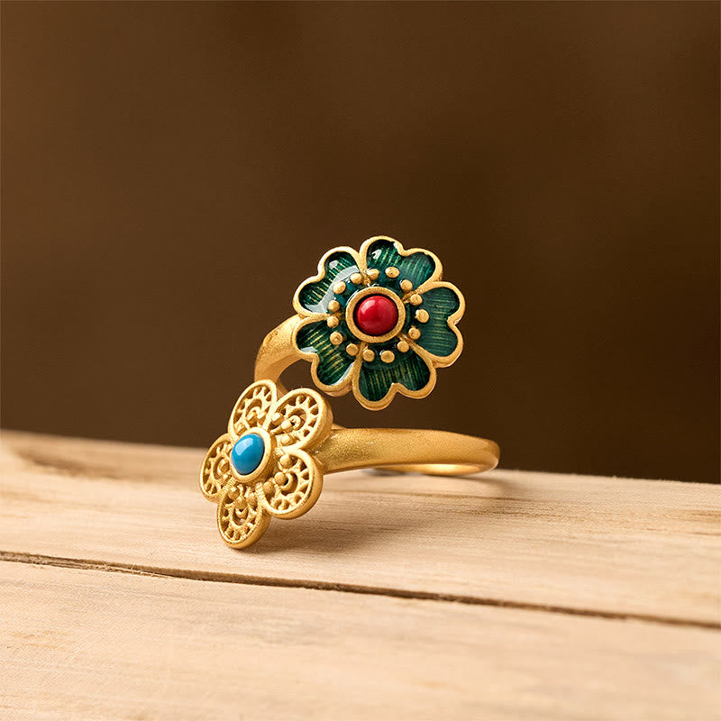 Bague de richesse en cuivre turquoise dégoulinante à double pétales de Buddha Stones - image 1