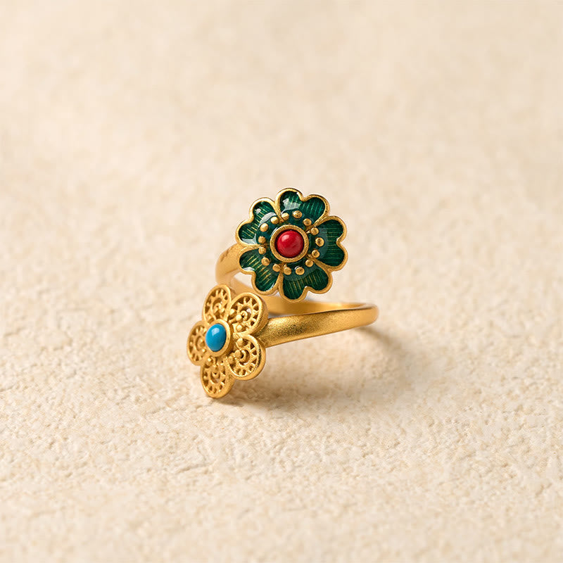 Bague de richesse en cuivre turquoise dégoulinante à double pétales de Buddha Stones - image 2