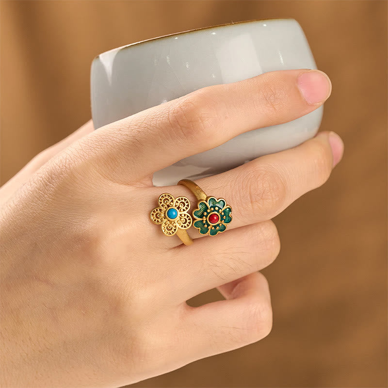 Bague de richesse en cuivre turquoise dégoulinante à double pétales de Buddha Stones - image 4