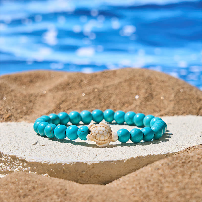 Bracelet de sagesse en Buddha Stones naturelle, tortue de mer, turquoise, agate craquelée - Turquoise (tour de poignet : 15-18 cm) - image 0