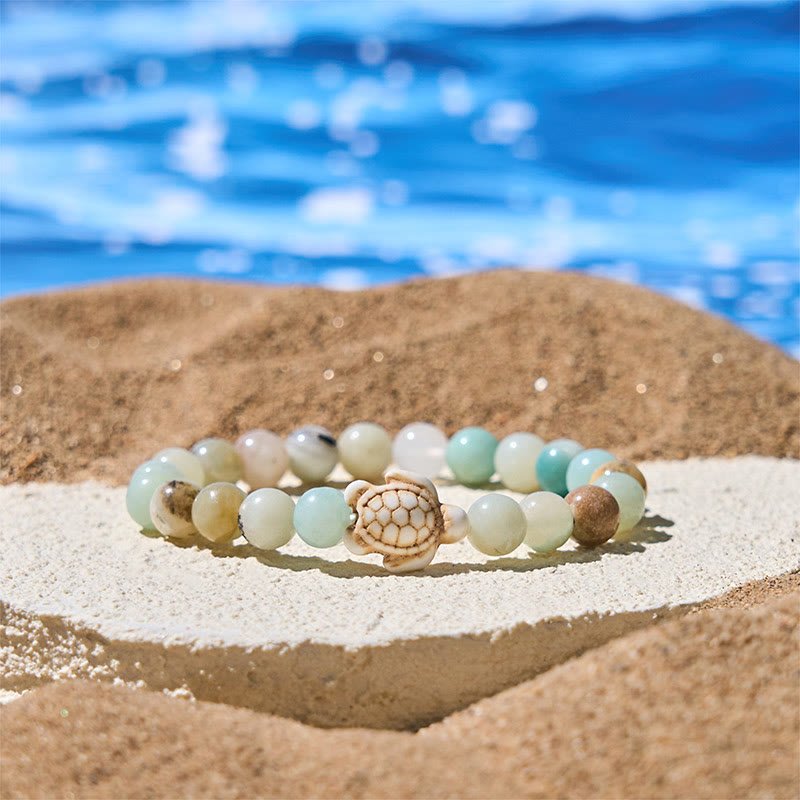 Bracelet de sagesse en Buddha Stones naturelle, tortue de mer, turquoise, agate craquelée - Amazonite (tour de poignet : 15-18 cm) - image 12