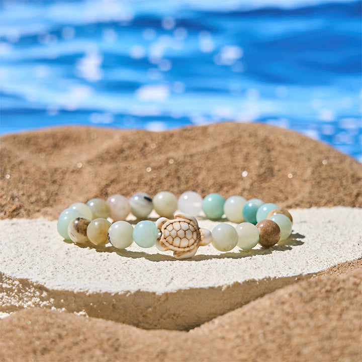 Bracelet de sagesse en Buddha Stones naturelle, tortue de mer, turquoise, agate craquelée - Amazonite (tour de poignet : 15-18 cm) - image 12