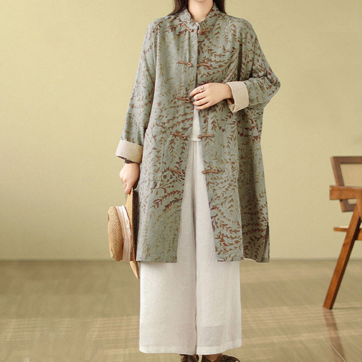 Manteau femme avec poches et boutons grenouille et feuilles de vigne Buddha Stones - Vert foncé - US14，UK/AU18，EU46 (2XL) - image 0