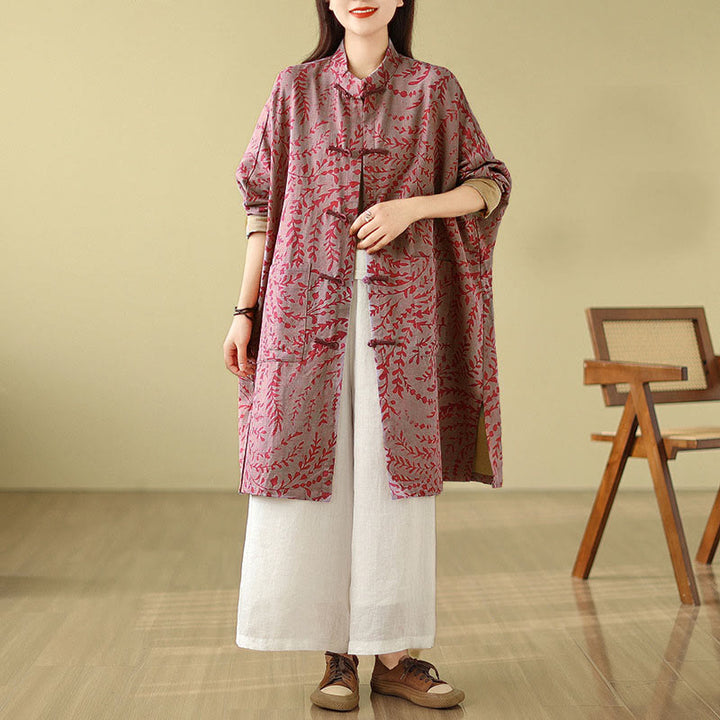 Manteau femme avec poches et boutons grenouille et feuilles de vigne Buddha Stones - Violet pâle Rouge - US14，UK/AU18，EU46 (2XL) - image 7