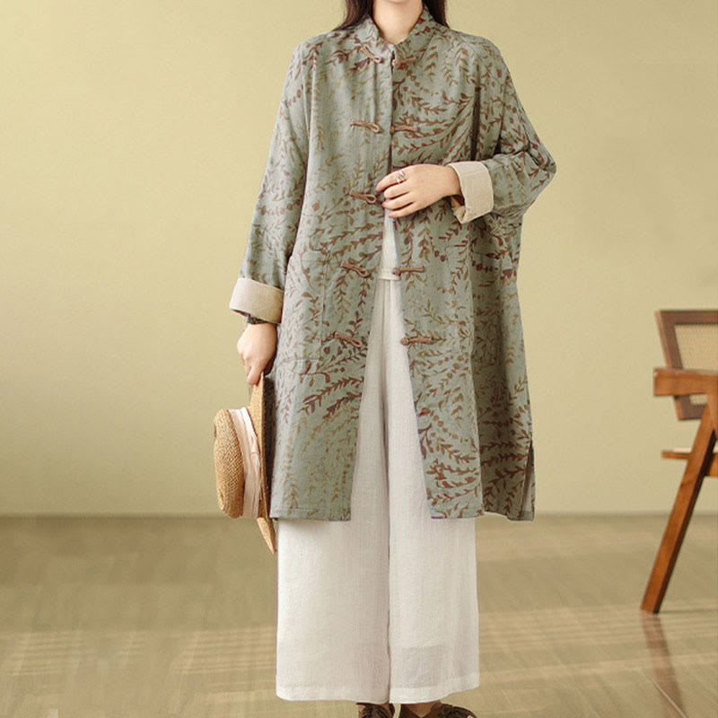 Manteau femme avec poches et boutons grenouille et feuilles de vigne Buddha Stones - Vert foncé - US14，UK/AU18，EU46 (2XL) - image 0