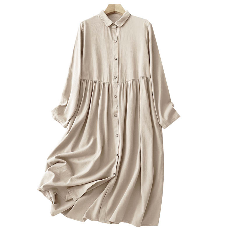 Robe mi-longue en coton à manches longues et revers boutonnés de couleur unie avec Buddha Stones - image 5