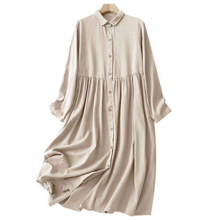 Robe mi-longue en coton à manches longues et revers boutonnés de couleur unie avec Buddha Stones - image 5