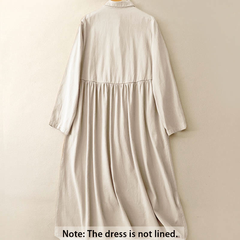 Robe mi-longue en coton à manches longues et revers boutonnés de couleur unie avec Buddha Stones - image 1