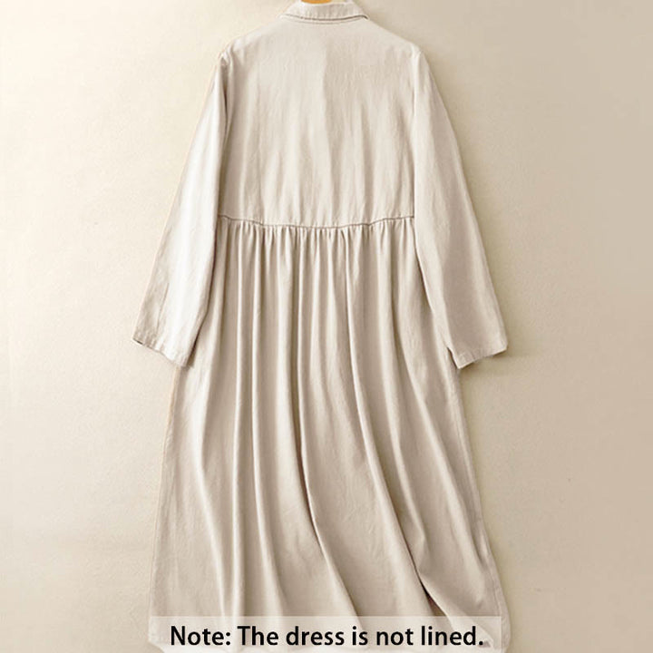 Robe mi-longue en coton à manches longues et revers boutonnés de couleur unie avec Buddha Stones - image 1