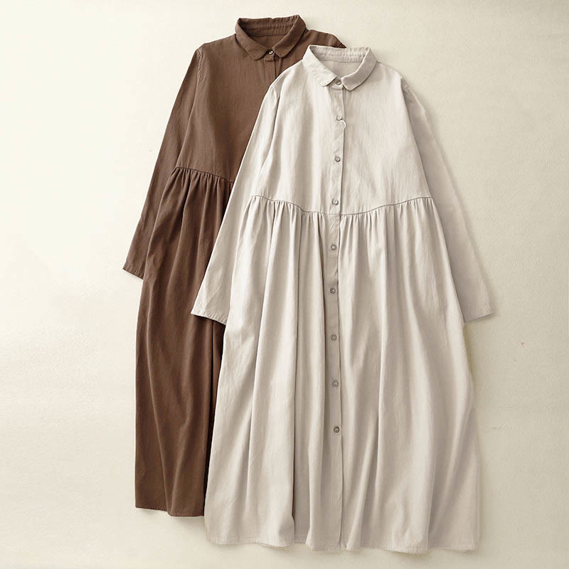 Robe mi-longue en coton à manches longues et revers boutonnés de couleur unie avec Buddha Stones - image 8