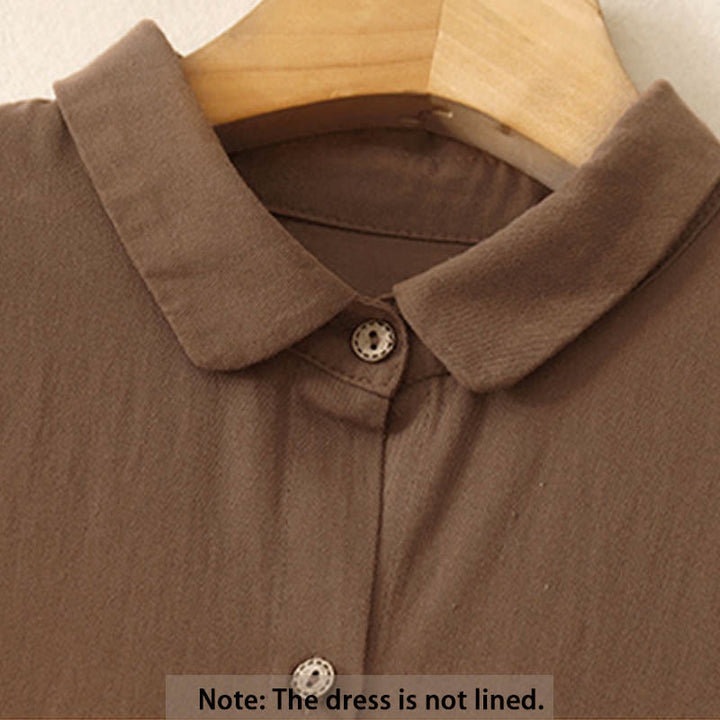 Robe mi-longue en coton à manches longues et revers boutonnés de couleur unie avec Buddha Stones - image 10