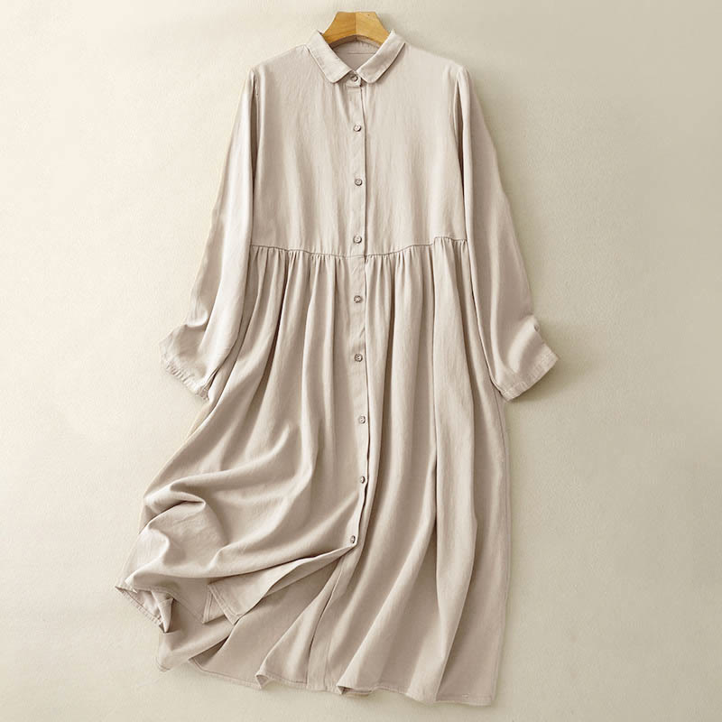 Robe mi-longue en coton à manches longues et revers boutonnés de couleur unie avec Buddha Stones - Verge d'or pâle - US8-10，UK/AU12-14，EU40-42 (2XL) - image 0