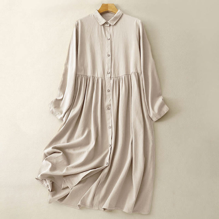 Robe mi-longue en coton à manches longues et revers boutonnés de couleur unie avec Buddha Stones - Verge d'or pâle - US8-10，UK/AU12-14，EU40-42 (2XL) - image 0