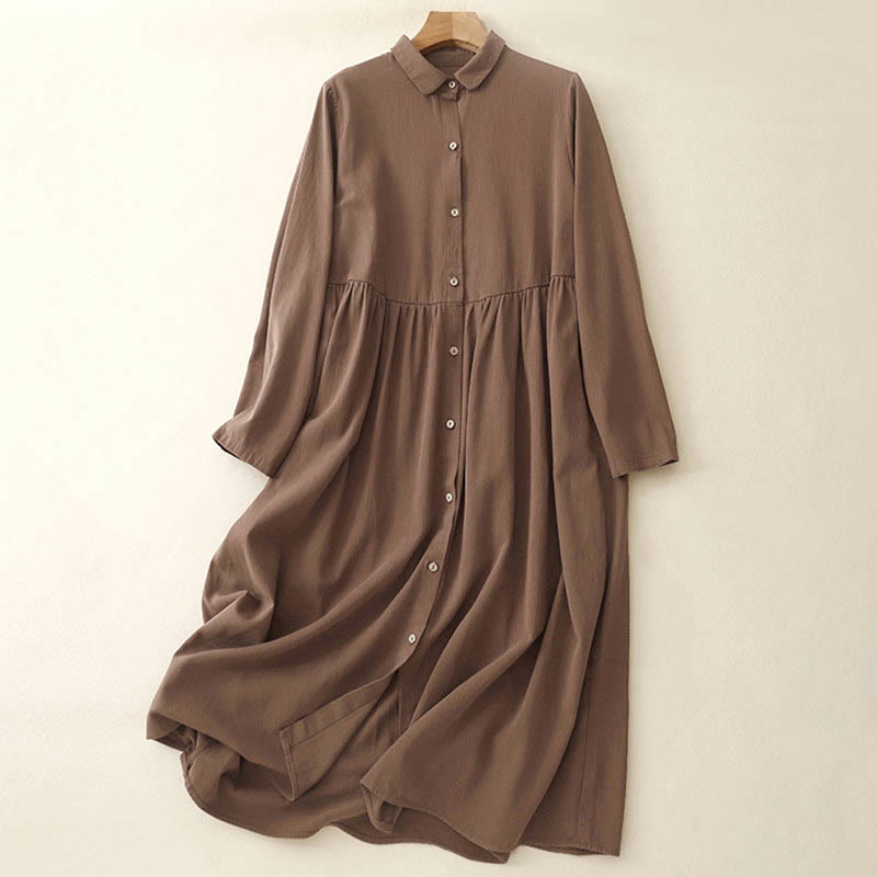 Robe mi-longue en coton à manches longues et revers boutonnés de couleur unie avec Buddha Stones - SaddleBrown - US8-10，UK/AU12-14，EU40-42 (2XL) - image 9