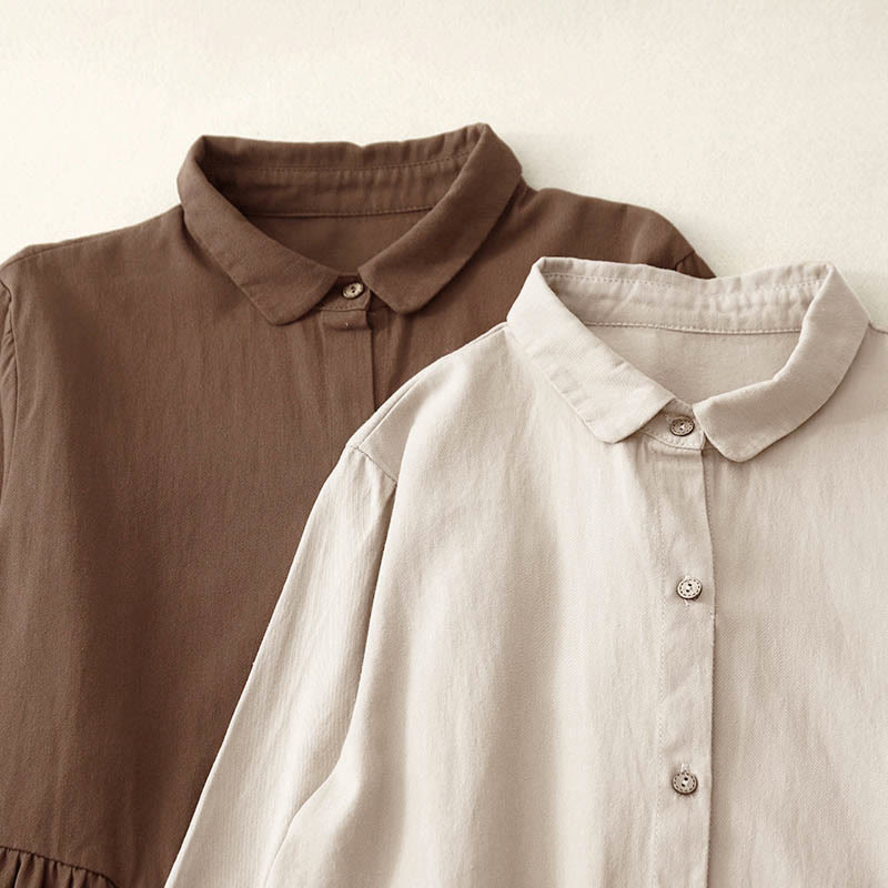 Robe mi-longue en coton à manches longues et revers boutonnés de couleur unie avec Buddha Stones - image 14