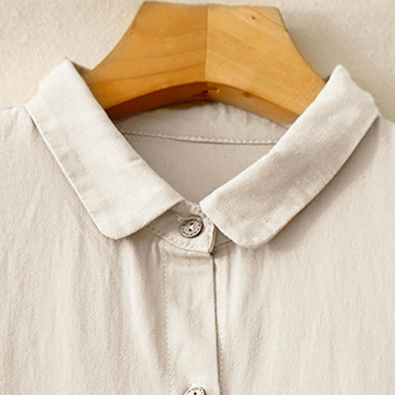 Robe mi-longue en coton à manches longues et revers boutonnés de couleur unie avec Buddha Stones - image 4