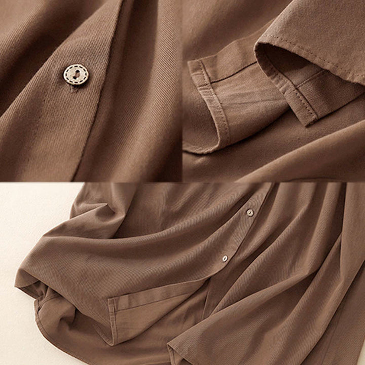 Robe mi-longue en coton à manches longues et revers boutonnés de couleur unie avec Buddha Stones - image 12