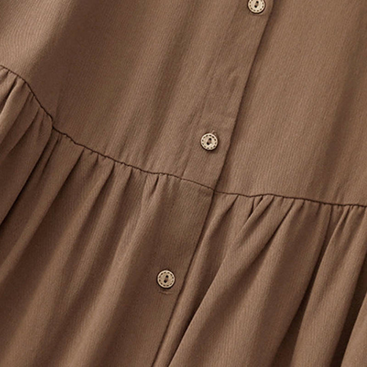 Robe mi-longue en coton à manches longues et revers boutonnés de couleur unie avec Buddha Stones - image 11
